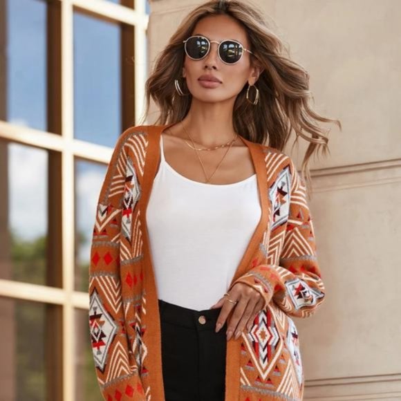 Brown Aztec Geometric Knit Open Front Cardigan - Picture 1 of 6
